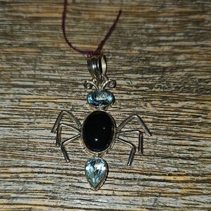 New Sterling Silver Black Onyx And Blue Topaz Spider Pendant